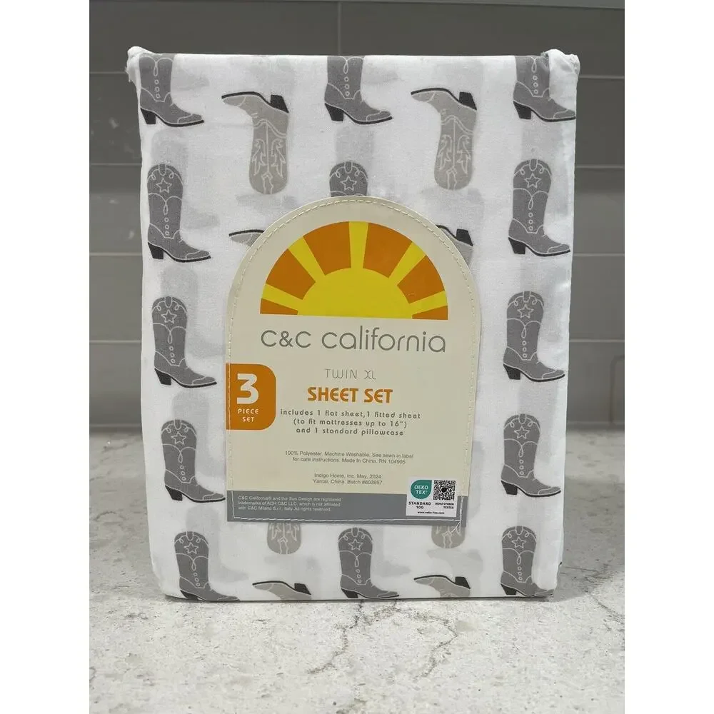 c&c California GRAY & WHITE Cowboy Boots TWIN XL Sheet Set new Cowgirl Sheets